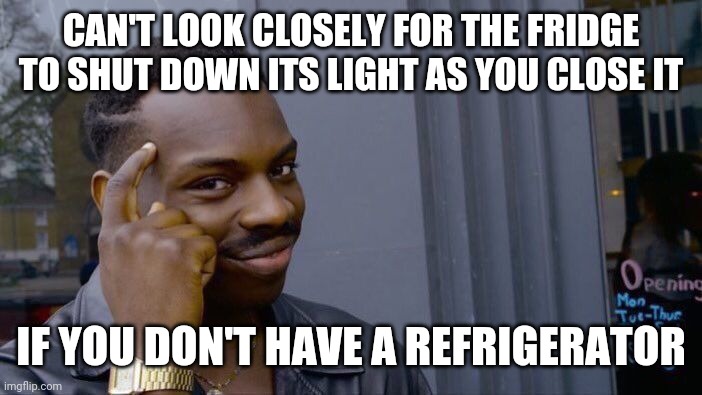 Roll Safe Think About It | CAN'T LOOK CLOSELY FOR THE FRIDGE TO SHUT DOWN ITS LIGHT AS YOU CLOSE IT; IF YOU DON'T HAVE A REFRIGERATOR | image tagged in memes,roll safe think about it | made w/ Imgflip meme maker