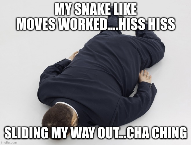laying down | MY SNAKE LIKE MOVES WORKED....HISS HISS; SLIDING MY WAY OUT...CHA CHING | image tagged in laying down | made w/ Imgflip meme maker