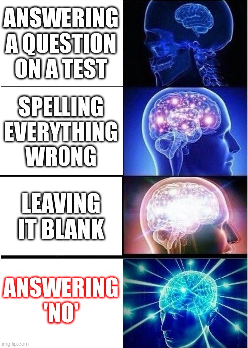 Expanding Brain | ANSWERING A QUESTION ON A TEST; SPELLING EVERYTHING WRONG; LEAVING IT BLANK; ANSWERING 'NO' | image tagged in memes,expanding brain | made w/ Imgflip meme maker