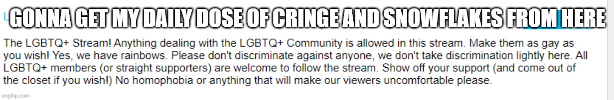 GONNA GET MY DAILY DOSE OF CRINGE AND SNOWFLAKES FROM HERE | made w/ Imgflip meme maker