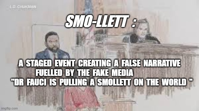 SMO-LLETT  :; A  STAGED  EVENT  CREATING  A  FALSE  NARRATIVE  FUELLED  BY  THE  FAKE  MEDIA                          "DR  FAUCI  IS  PULLING  A  SMOLLETT  ON  THE  WORLD  " | image tagged in jussie smollett,dr fauci,plandemic,fake news | made w/ Imgflip meme maker