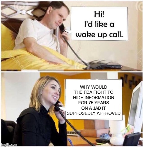 Wake Up Call - 2 panel | WHY WOULD THE FDA FIGHT TO HIDE INFORMATION FOR 75 YEARS ON A JAB IT SUPPOSEDLY APPROVED | image tagged in wake up call - 2 panel | made w/ Imgflip meme maker
