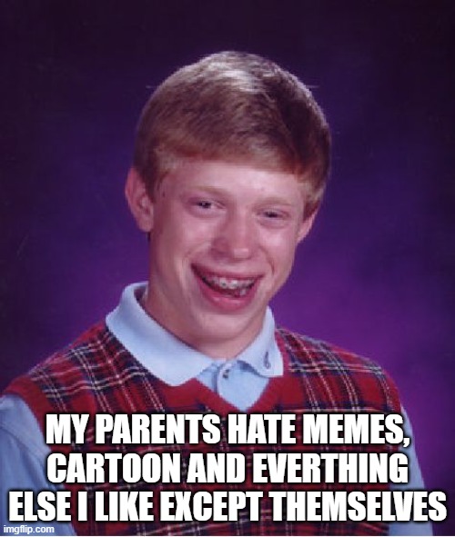 Bad Luck Brian | MY PARENTS HATE MEMES, CARTOON AND EVERTHING ELSE I LIKE EXCEPT THEMSELVES | image tagged in memes,bad luck brian | made w/ Imgflip meme maker