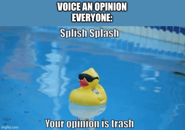 Splish Splash your opinion is trash | VOICE AN OPINION
EVERYONE: | image tagged in splish splash your opinion is trash | made w/ Imgflip meme maker