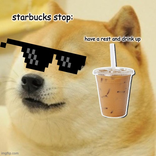 Doge | starbucks stop:; have a rest and drink up | image tagged in memes,doge,coffee,starbucks,dog,sunglasses | made w/ Imgflip meme maker