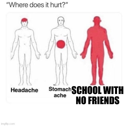 Extremely painful | SCHOOL WITH NO FRIENDS | image tagged in where does it hurt | made w/ Imgflip meme maker