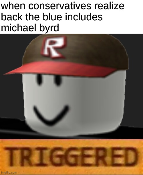 triggered! | when conservatives realize
back the blue includes
michael byrd | image tagged in memes,ashli babbitt,michael byrd,tiggered,conservative hypocrisy,police lives matter | made w/ Imgflip meme maker