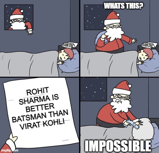 agree or die | WHATS THIS? ROHIT SHARMA IS BETTER BATSMAN THAN 
VIRAT KOHLI; IMPOSSIBLE | image tagged in letter to murderous santa | made w/ Imgflip meme maker