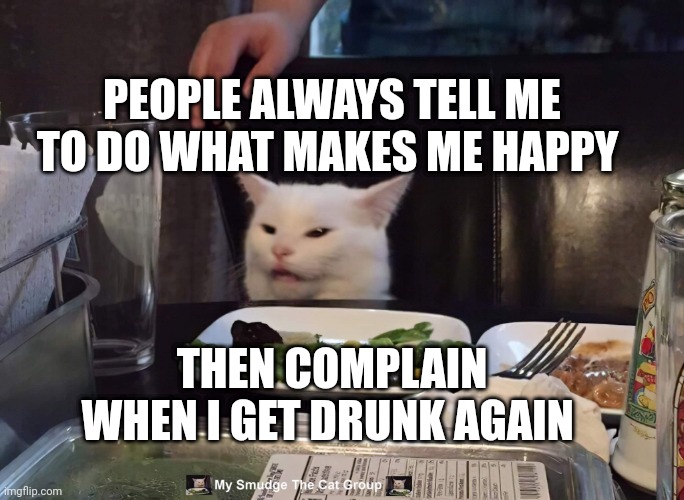 PEOPLE ALWAYS TELL ME TO DO WHAT MAKES ME HAPPY; THEN COMPLAIN WHEN I GET DRUNK AGAIN | image tagged in smudge the cat | made w/ Imgflip meme maker