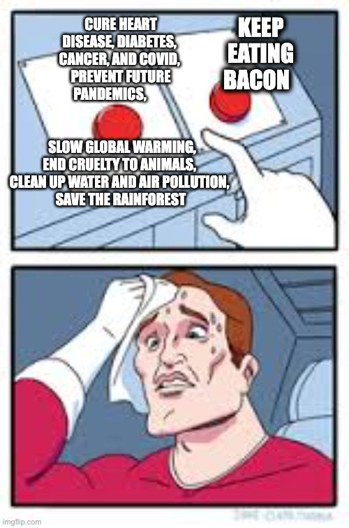 bacon tho | KEEP EATING BACON; CURE HEART DISEASE, DIABETES, 
CANCER, AND COVID, 
PREVENT FUTURE PANDEMICS,                                                SLOW GLOBAL WARMING, END CRUELTY TO ANIMALS, 
CLEAN UP WATER AND AIR POLLUTION, 
SAVE THE RAINFOREST | image tagged in what do i choose | made w/ Imgflip meme maker