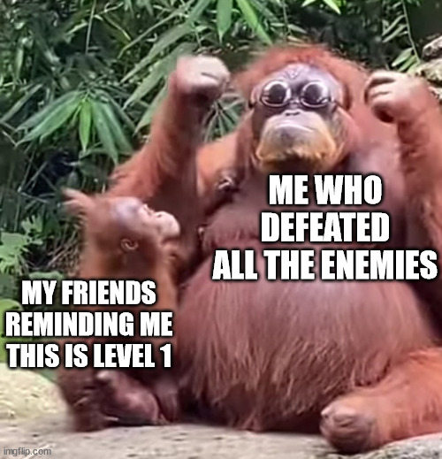 epic gamer? more like epic failure. | ME WHO DEFEATED ALL THE ENEMIES; MY FRIENDS REMINDING ME THIS IS LEVEL 1 | image tagged in swaggy monkey,gamer,friends,damn,epic,fail | made w/ Imgflip meme maker