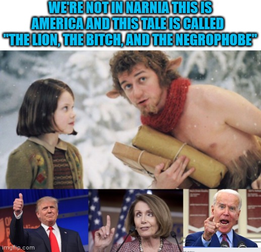 WE'RE NOT IN NARNIA THIS IS AMERICA AND THIS TALE IS CALLED   "THE LION, THE BITCH, AND THE NEGROPHOBE" | image tagged in donald trump,nancy pelosi,joe biden no malarkey | made w/ Imgflip meme maker