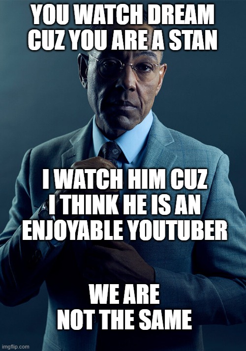 unless u think the same | YOU WATCH DREAM CUZ YOU ARE A STAN; I WATCH HIM CUZ I THINK HE IS AN ENJOYABLE YOUTUBER; WE ARE NOT THE SAME | image tagged in gus fring we are not the same | made w/ Imgflip meme maker