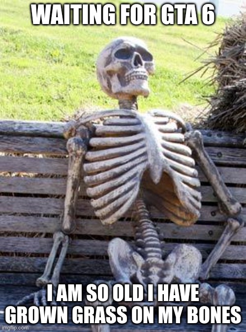 Waiting Skeleton | WAITING FOR GTA 6; I AM SO OLD I HAVE GROWN GRASS ON MY BONES | image tagged in memes,waiting skeleton | made w/ Imgflip meme maker