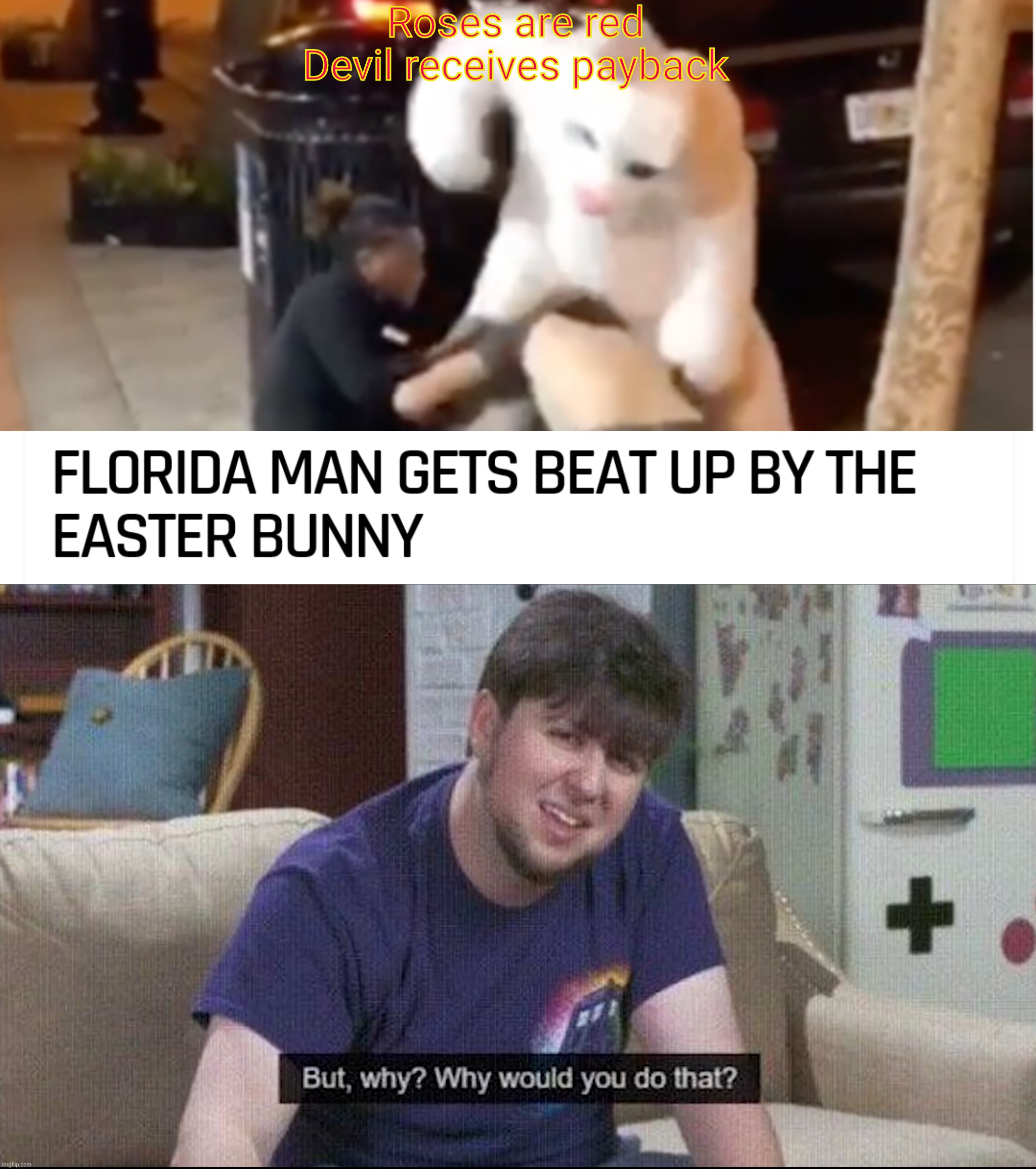 Florida Man receives a payback | Roses are red
Devil receives payback | image tagged in but why why would you do that,florida man,memes,funny,easter bunny,gifs | made w/ Imgflip meme maker