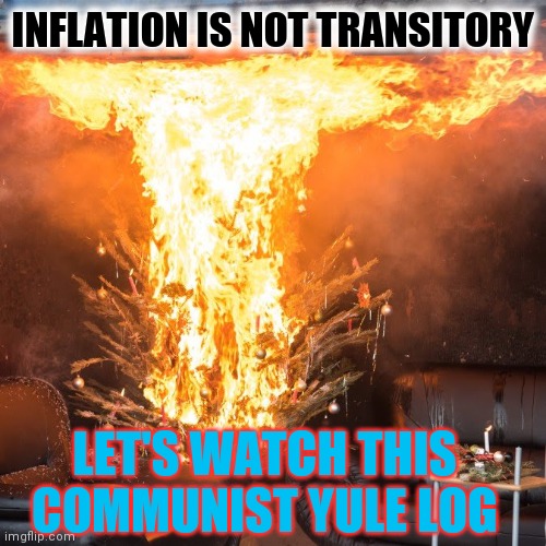 $100 Turkey's? Got any ham? | INFLATION IS NOT TRANSITORY; LET'S WATCH THIS COMMUNIST YULE LOG | image tagged in burning christmas tree,too damn high,communism,freedom | made w/ Imgflip meme maker