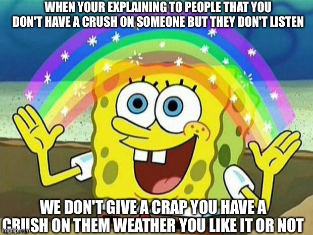 spongebob rainbow |  WHEN YOUR EXPLAINING TO PEOPLE THAT YOU DON'T HAVE A CRUSH ON SOMEONE BUT THEY DON'T LISTEN; WE DON'T GIVE A CRAP YOU HAVE A CRUSH ON THEM WEATHER YOU LIKE IT OR NOT | image tagged in spongebob rainbow | made w/ Imgflip meme maker