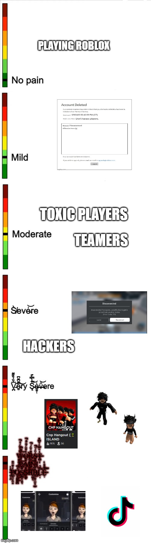 roblox pain scale | PLAYING ROBLOX; TOXIC PLAYERS; TEAMERS; HACKERS | image tagged in roblox | made w/ Imgflip meme maker