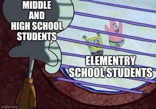 Sad | MIDDLE AND HIGH SCHOOL STUDENTS; ELEMENTRY SCHOOL STUDENTS | image tagged in squidward window,school sucks | made w/ Imgflip meme maker
