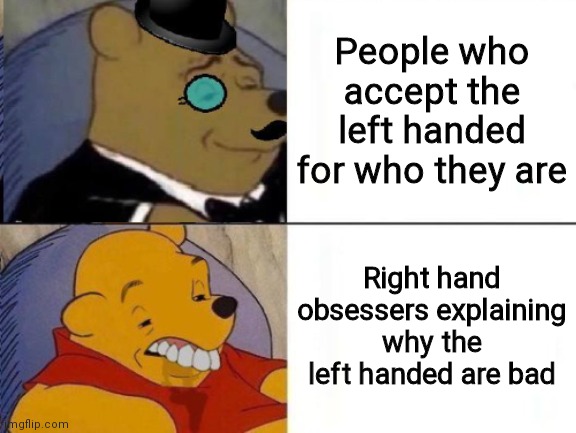 respect the left handed ;( | People who accept the left handed for who they are; Right hand obsessers explaining why the left handed are bad | image tagged in fancy and idiot pooh,left hand vs right hand,memes | made w/ Imgflip meme maker