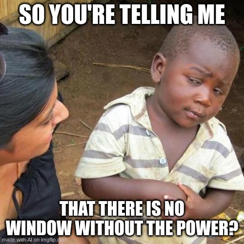 another ai meme | SO YOU'RE TELLING ME; THAT THERE IS NO WINDOW WITHOUT THE POWER? | image tagged in memes,third world skeptical kid,ai | made w/ Imgflip meme maker