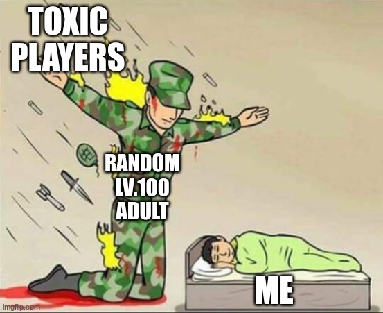 So true | TOXIC PLAYERS; RANDOM LV.100 ADULT; ME | image tagged in soldier protecting sleeping child | made w/ Imgflip meme maker