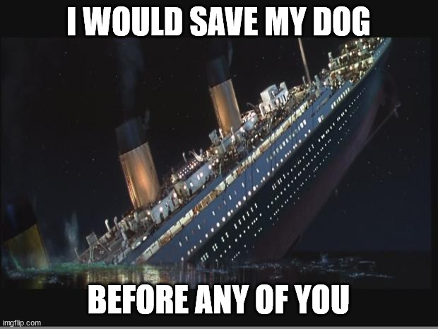 Save my Dog First from a Sinking Ship | I WOULD SAVE MY DOG; BEFORE ANY OF YOU | image tagged in titanic sinking | made w/ Imgflip meme maker