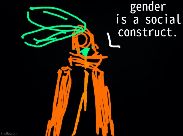 THE FIRST THING TANGERINE HAS EVER SAID | gender is a social construct. | image tagged in black background | made w/ Imgflip meme maker