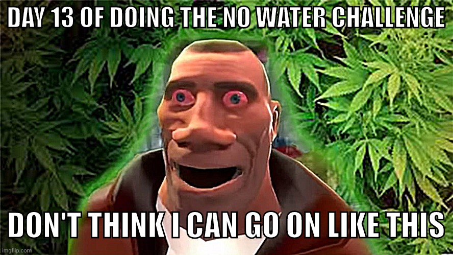 Soldier high | DAY 13 OF DOING THE NO WATER CHALLENGE; DON'T THINK I CAN GO ON LIKE THIS | image tagged in soldier high | made w/ Imgflip meme maker