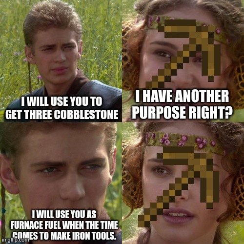 no one knows you can do this | I WILL USE YOU TO GET THREE COBBLESTONE; I HAVE ANOTHER PURPOSE RIGHT? I WILL USE YOU AS FURNACE FUEL WHEN THE TIME COMES TO MAKE IRON TOOLS. | image tagged in anakin padme 4 panel | made w/ Imgflip meme maker