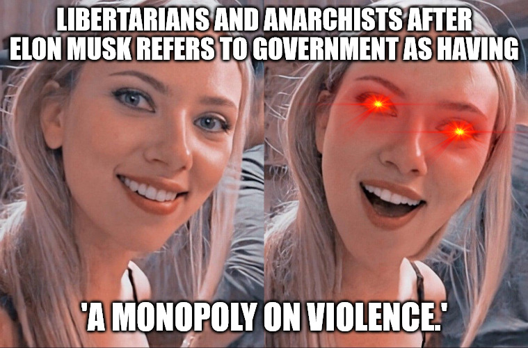 Elon Musk: A Monopoly On Violence | LIBERTARIANS AND ANARCHISTS AFTER ELON MUSK REFERS TO GOVERNMENT AS HAVING; 'A MONOPOLY ON VIOLENCE.' | image tagged in surprised scarlett johansson,anarchist,libertarian,government,elon musk,anarchism | made w/ Imgflip meme maker