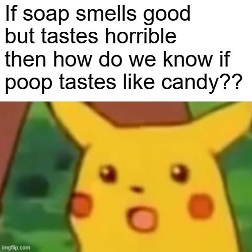 so true | If soap smells good but tastes horrible then how do we know if poop tastes like candy?? | image tagged in memes,surprised pikachu | made w/ Imgflip meme maker