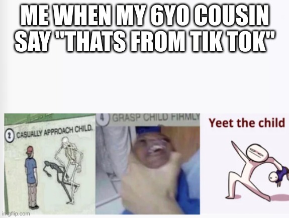 Casually Approach Child, Grasp Child Firmly, Yeet the Child |  ME WHEN MY 6YO COUSIN SAY "THATS FROM TIK TOK" | image tagged in casually approach child grasp child firmly yeet the child | made w/ Imgflip meme maker