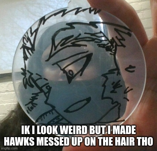 Plastic Glass art lol | IK I LOOK WEIRD BUT I MADE HAWKS MESSED UP ON THE HAIR THO | image tagged in mha,hawks | made w/ Imgflip meme maker