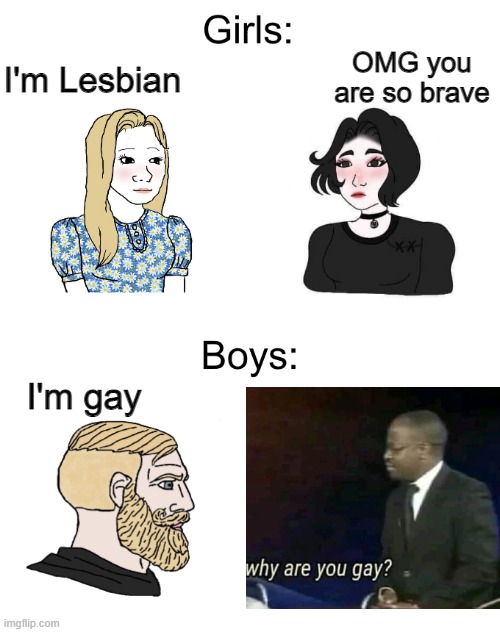 lmao | OMG you are so brave; I'm Lesbian; I'm gay | image tagged in boys girls | made w/ Imgflip meme maker