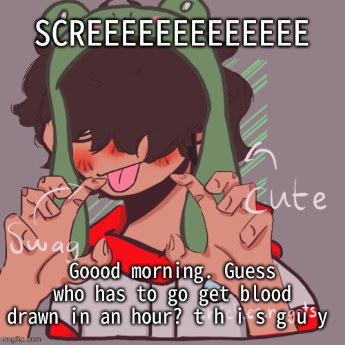 so yea i wont be online most of the day- | SCREEEEEEEEEEEEE; Goood morning. Guess who has to go get blood drawn in an hour? t h i s g u y | image tagged in remaking an old pisscrew go brrrr | made w/ Imgflip meme maker
