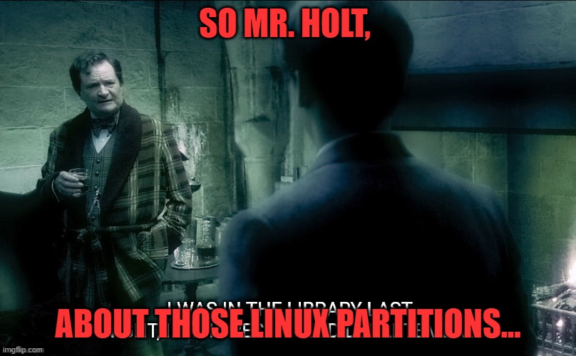 Tom Riddle | SO MR. HOLT, ABOUT THOSE LINUX PARTITIONS... | image tagged in tom riddle | made w/ Imgflip meme maker