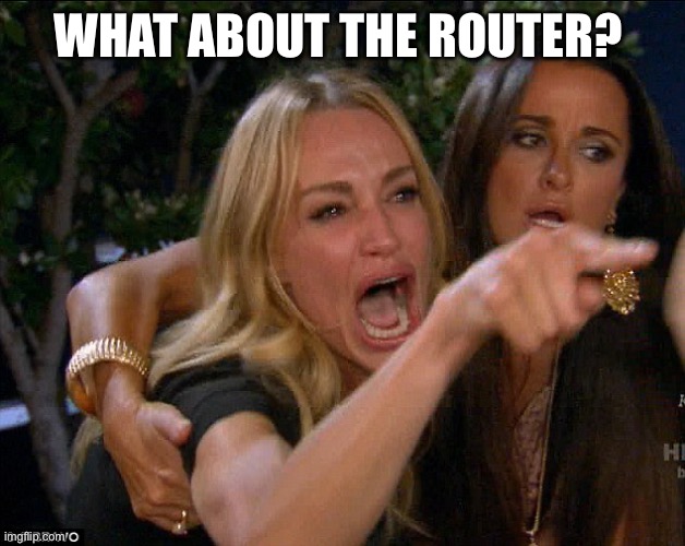 Real housewives crying | WHAT ABOUT THE ROUTER? | image tagged in real housewives crying | made w/ Imgflip meme maker