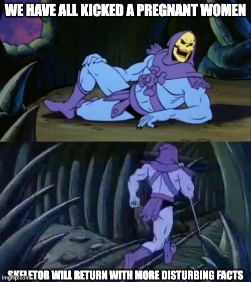 Skeletor | WE HAVE ALL KICKED A PREGNANT WOMEN; SKELETOR WILL RETURN WITH MORE DISTURBING FACTS | image tagged in skeletor disturbing facts | made w/ Imgflip meme maker