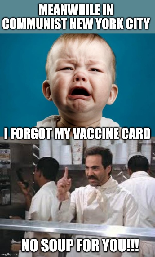 MEANWHILE IN COMMUNIST NEW YORK CITY; I FORGOT MY VACCINE CARD; NO SOUP FOR YOU!!! | image tagged in crying baby,no soup | made w/ Imgflip meme maker