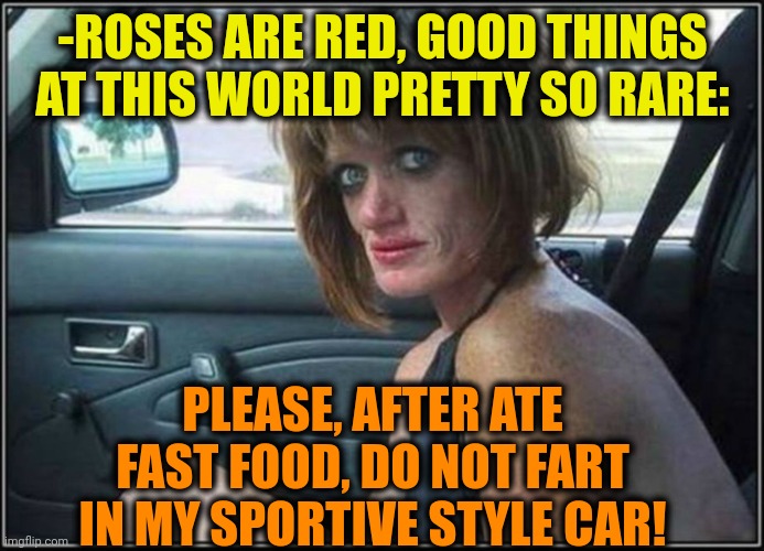 -Hold on for the open air. | -ROSES ARE RED, GOOD THINGS AT THIS WORLD PRETTY SO RARE:; PLEASE, AFTER ATE FAST FOOD, DO NOT FART IN MY SPORTIVE STYLE CAR! | image tagged in ugly meth heroin addict prostitute hoe in car,hold fart,fart jokes,roses are red,verse,cars | made w/ Imgflip meme maker