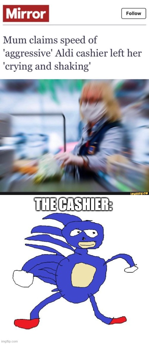 gotta go fast | THE CASHIER: | image tagged in sanic | made w/ Imgflip meme maker