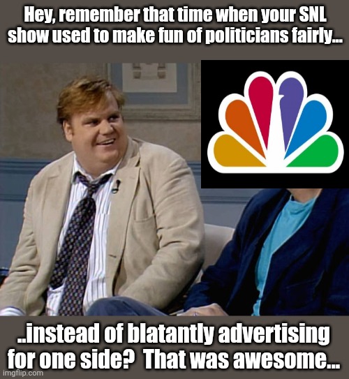 Remember when SNL made fun of politicians fairly? | Hey, remember that time when your SNL show used to make fun of politicians fairly... ..instead of blatantly advertising for one side?  That was awesome... | image tagged in remember that time | made w/ Imgflip meme maker