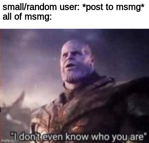 But in all seriousness... who are you? | small/random user: *post to msmg*
all of msmg: | image tagged in thanos i don't even know who you are | made w/ Imgflip meme maker