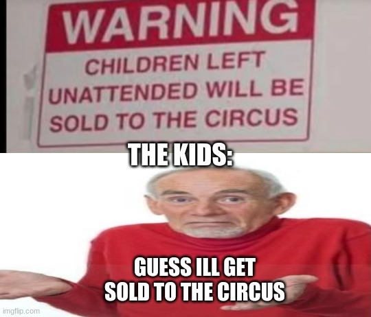 i wanna go to the circus :D | THE KIDS:; GUESS ILL GET SOLD TO THE CIRCUS | image tagged in unattended children will be sold to the circus | made w/ Imgflip meme maker