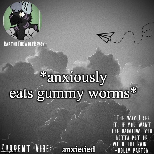 hhhh i have another ela testtttt | *anxiously eats gummy worms*; anxietied | image tagged in raptor's announcement template | made w/ Imgflip meme maker