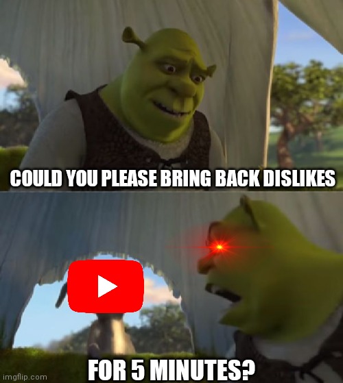Shrek wants dislikes back |  COULD YOU PLEASE BRING BACK DISLIKES; FOR 5 MINUTES? | image tagged in could you not ___ for 5 minutes,dislike,button,youtube | made w/ Imgflip meme maker