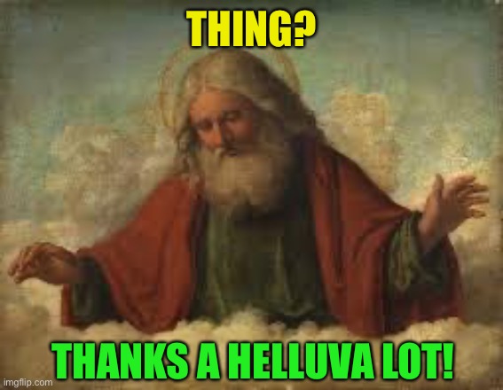 god | THING? THANKS A HELLUVA LOT! | image tagged in god | made w/ Imgflip meme maker