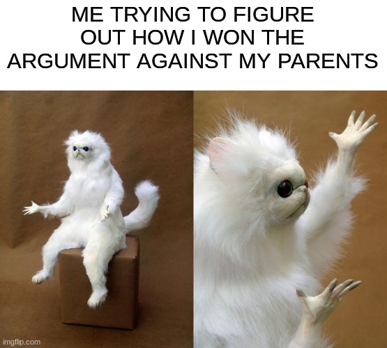 Somehow...I WON |  ME TRYING TO FIGURE OUT HOW I WON THE ARGUMENT AGAINST MY PARENTS | image tagged in memes,persian cat room guardian,nice,ez dub | made w/ Imgflip meme maker