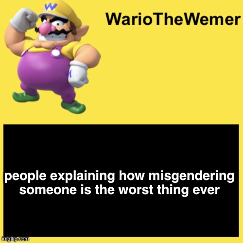 WarioTheWemer | people explaining how misgendering someone is the worst thing ever | image tagged in wariothewemer | made w/ Imgflip meme maker
